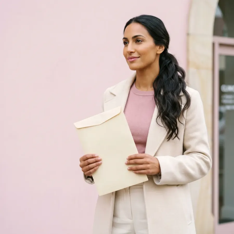 Woman in cream coat holding a manila scan envelope outside a clinic doorway