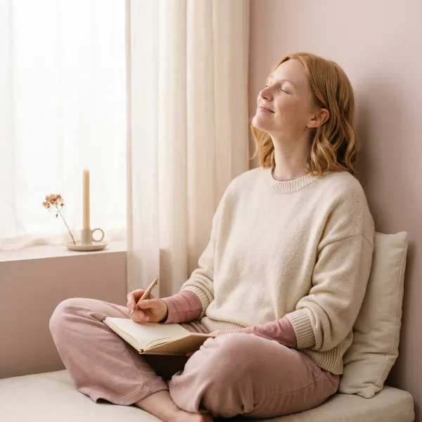 Woman with eyes softly closed in a sunlit window nook, journal in hand, calm and hopeful