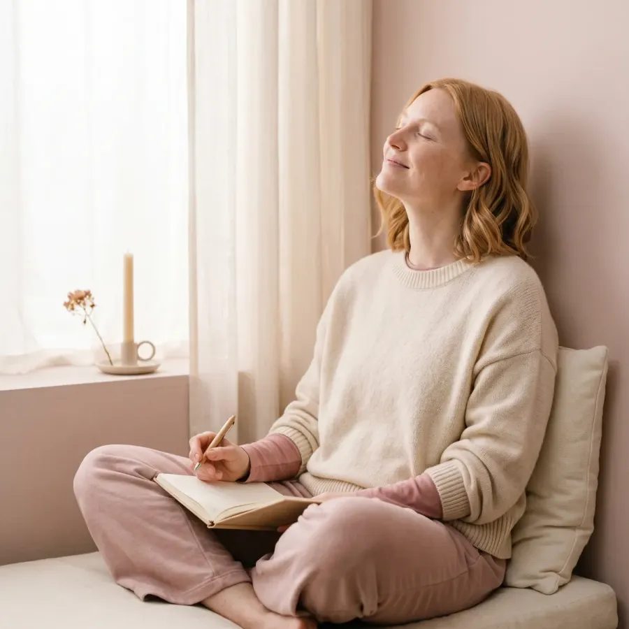 Woman with eyes softly closed in a sunlit window nook, journal in hand, calm and hopeful