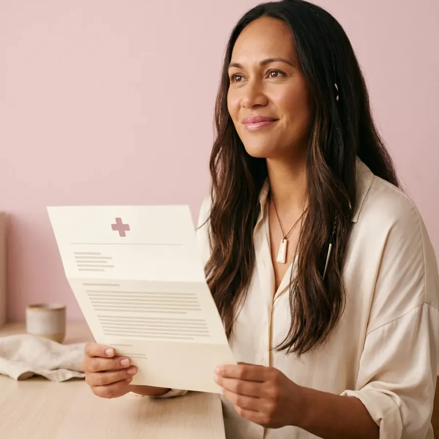Woman reading a referral letter on her phone while relaxing at home