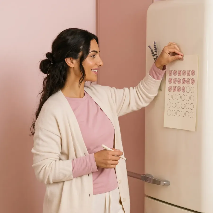 Woman pinning a quit-day tracker chart with checkmarks to her cream fridge, proud of her progress